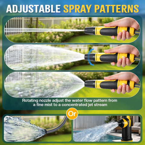 Adjustable spray patterns on a handheld water nozzle showcasing fine mist to concentrated jet stream for versatile use.