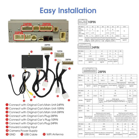 Toyota Wireless CarPlay Retrofit Kit installation guide with wiring layout and connection tips for Entune 2.0 Touch 2 systems.