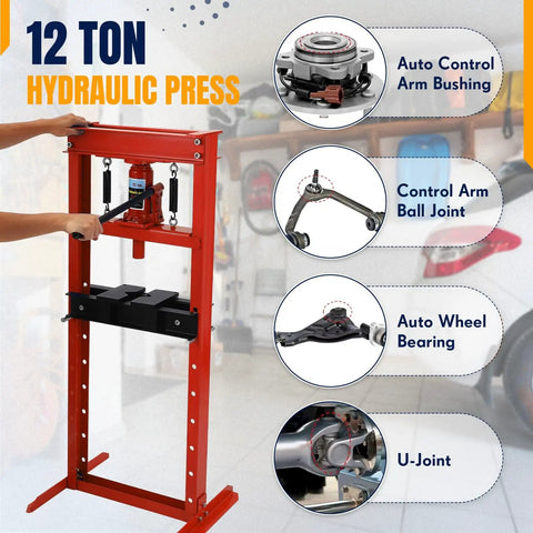 Heavy Duty 12 Ton H Frame Hydraulic Shop Press For Garage Floor Use, Adjustable Pressure With Plates, Red Finish