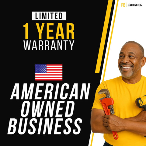 Man holding tools next to text 'Limited 1 Year Warranty, American Owned Business' with an American flag graphic.
