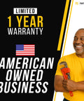 Man in yellow shirt holding tools, next to text saying "Limited 1 Year Warranty," "American Owned Business," with American flag.