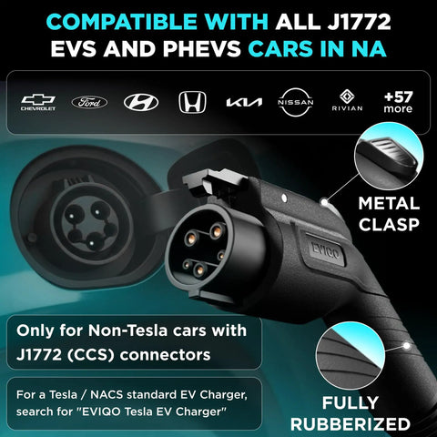 Level 2 EV Charger 40 Amp 240V J1772 For Non Tesla EVs With 25 Ft Cable showcasing plug and rubberized handle.