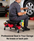 Mechanic using 2 In 1 Rolling Mechanic Stool And Creeper Seat With Modular Removable Cushion Tool Tray Heavy Duty 300 Lbs Capacity