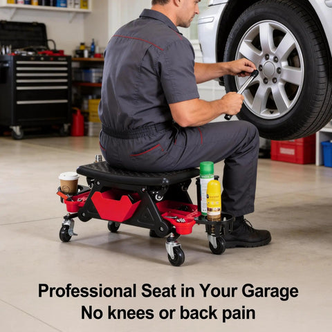 Mechanic using 2 In 1 Rolling Mechanic Stool And Creeper Seat With Modular Removable Cushion Tool Tray Heavy Duty 300 Lbs Capacity