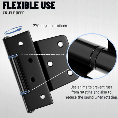Close-up of 3.5 Inch Heavy Duty Gate Hinges With Extra Thick Straps For Wood Fence Barn Doors And Sheds 60 Lb Capacity 2 Pack Black showing rotation feature