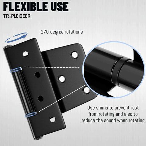 Heavy Duty Extra Thick Black Iron Gate Hinges 3.5 Inch, showing flexible use and 270-degree rotation features.