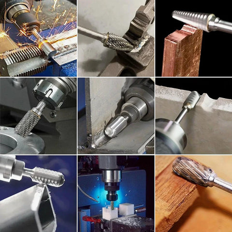 Collage of 9 views: 1/8" shank carbide burrs for rotary tools; metal, wood, plastic carving and grinding (10 pcs).