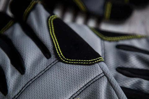 Close-up of Heavy Utility Work Gloves Large Three Pack Tough As Nails Construction Landscaping Job Site Flex Fit breathable palm design.