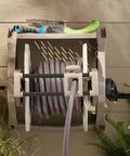 Wall Mount Hose Reel With Storage Tray Space Saving For Five Eighth Inch Vinyl Hose 175 Foot Capacity Outdoor Organizer In Dark Taupe