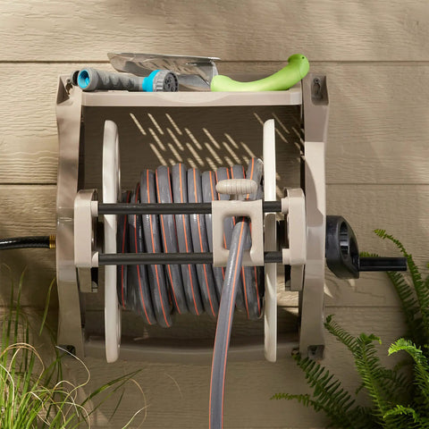 Wall Mount Hose Reel With Storage Tray Space Saving For Five Eighth Inch Vinyl Hose 175 Foot Capacity Outdoor Organizer In Dark Taupe