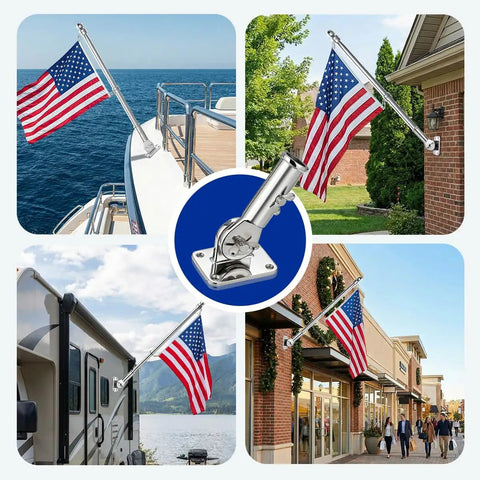 180 Degree Adjustable Flag Pole Holder Mount In Marine Grade 316 Stainless Steel For Outdoor Use on boat, home, RV, and store