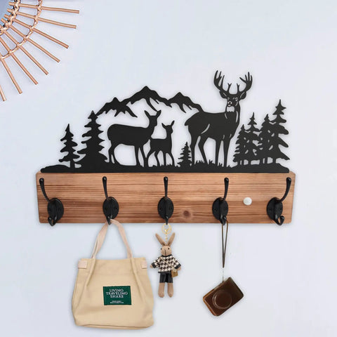 Wooden Deer Coat Rack With Five Hooks And Built-In Motion Sensor Light, Wall Mounted Entryway Organizer For Coats, Keys, Bags, Hats