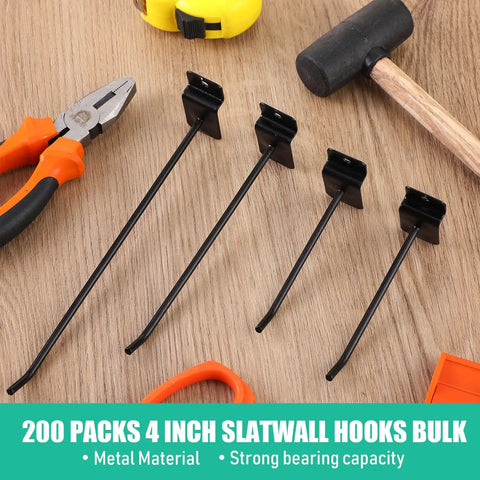 Bulk Slatwall Hooks Set 200 Pcs Metal Hanging Panel Display Hangers with 4 Inch 6 Inch and 8 Inch Heavy Duty Black Hooks