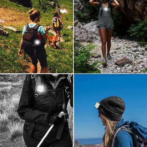 Outdoor enthusiasts using the Two Pack Go To Night Run Lights For Runners, ultra bright LED and COB spotlight, during a hike.