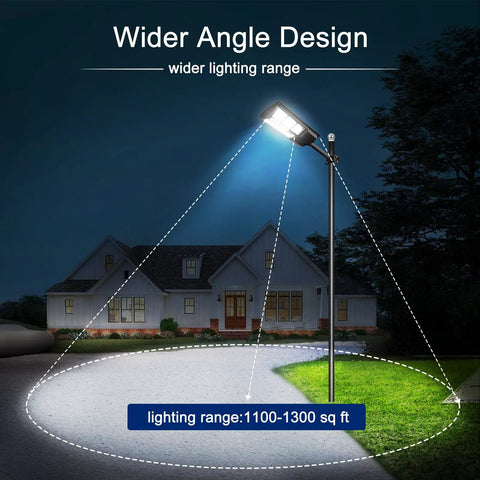 Ultra Bright Solar Street Light Dusk To Dawn Outdoor Lighting with 3 Modes Motion Sensor illuminating a house and yard at night