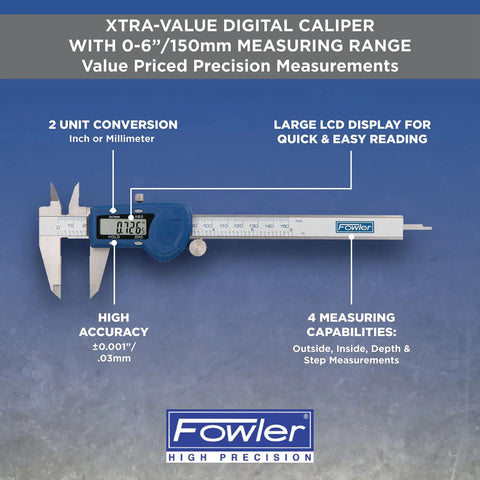 Xtra Value Digital Caliper For DIY And Home Projects With 0 To 6 Inch Range And 150 mm Measuring Capabilities Handy And Step Measurements Inside Outside Depth Ultra Accurate 0.001 Inch And 0.0005 Inch Resolution Blue with LCD and Fowler label