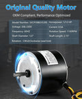 Top Shelf 5KCP39BGY539S Condenser Fan Motor Swap For AC Systems 1/12 Hp 1100 Rpm 208 To 230 Volt motor details on a black background.