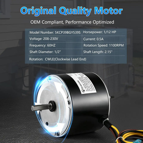 Top Shelf 5KCP39BGY539S Condenser Fan Motor Swap For AC Systems 1/12 Hp 1100 Rpm 208 To 230 Volt motor details on a black background.