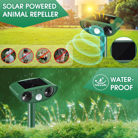 Two Pack Solar Ultrasonic Cat Deterrent With PIR Motion Sensor Waterproof Outdoor Animal Repeller For Garden And Yard That Keeps Cats, Dogs, Skunks, Raccoons, Birds And Squirrels Away, solar-powered stake
