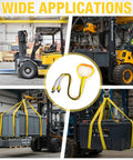 Collage of industrial forklift lifting batteries with Industrial Forklift Battery Lifting Sling 2 Inch by 5 Ft Beefy Heavy Duty Carrier Strap.