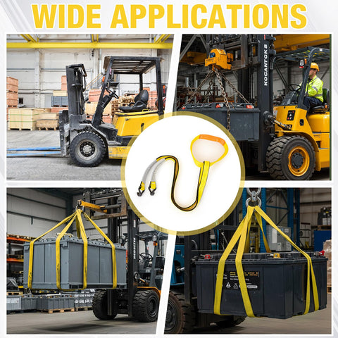 Collage of industrial forklift lifting batteries with Industrial Forklift Battery Lifting Sling 2 Inch by 5 Ft Beefy Heavy Duty Carrier Strap.