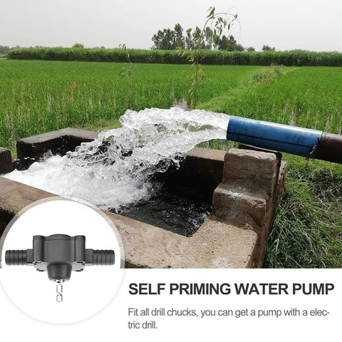Drill Powered Transfer Pump For No Fuss Self Priming Water Oil Or Gasoline Flow Smooth Centrifugal Action dispensing water from a blue pipe.