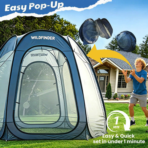 Man setting up 10x10 Pop Up Screen House Tent With Mesh Walls in backyard, showcasing easy installation.