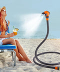 Outdoor Misting System For Patio And Yard, 75 Inch Premium Hose Mister With 360 Degree Rotating Base And 270 Degree Brass Nozzles on beach.