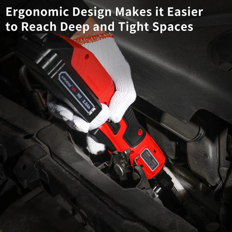 Cordless Ratchet Wrench Three Eighths Inch Delivers 44.25 Foot Pounds Of Torque At 380 RPM in tight automotive space