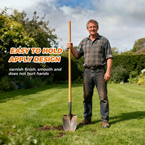 Man holding Beefy 55-Inch Black Locust Shovel Handle Replacement in garden, standing on grass with shovel.