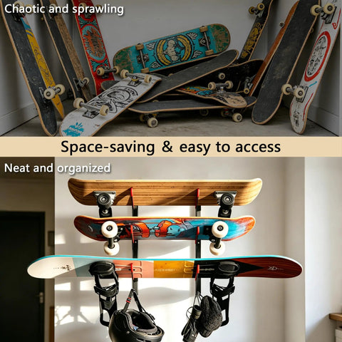 Heavy Duty Steel Skateboard Rack Wall Mount With Grippy Bottom Hook Slots For Triple Deck Longboard Snowboard And Ski Display, organized and neat storage solution.