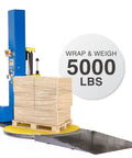 Heavy Duty Semi Auto Pallet Wrapper With Built In Digital Scale No Sweat Wrapping For 5000 Lb Loads with pallet on yellow platform.