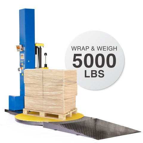 Heavy Duty Semi Auto Pallet Wrapper With Built In Digital Scale No Sweat Wrapping For 5000 Lb Loads with pallet on yellow platform.