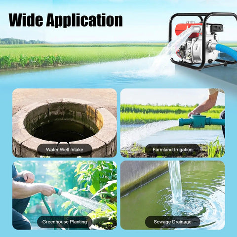 Beastly Performance 2 Inch Gas Powered Water Transfer Pump With A Legit 7.5 HP Engine And 212 CC Four Stroke Motor in action for irrigation and drainage.