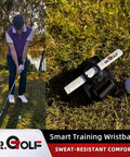 Golf Wrist Band Swing Trainer for Chips and Pitches beside golfer using it for real-time feedback training