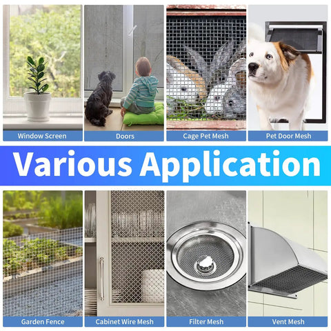 Various applications of 304 Stainless Steel Mesh Roll 47In By 10Ft 20 Mesh Heavy Duty Screen shown in 8 different uses