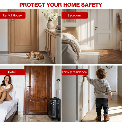 Heavy Duty Adjustable Door Stopper For Home Hotel And Travel Anti Theft Door Blocker For Women Safety Stainless Steel Body With Non Slip Rubber Base Portable Door Guard For Apartment shown in various door settings.