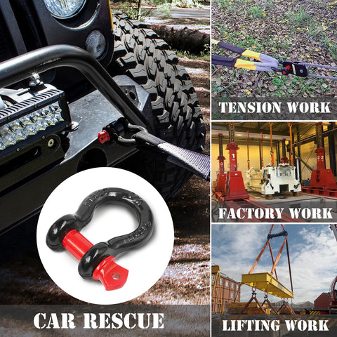 Two Pack 1/2 Inch D Ring Shackles With 5/8 Inch Screw Pins For Tow Straps, Winches, And Off Road Recovery in use with car
