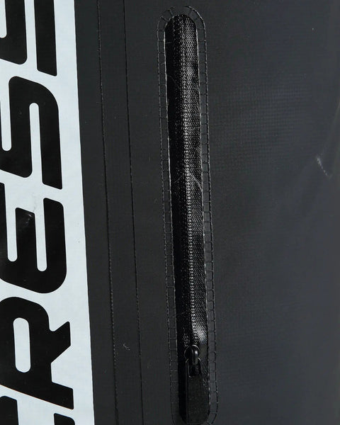 Close-up of zipper and logo on premium 20L black waterproof dry bag for outdoors and water sports durable PVC keeps your gear dry.
