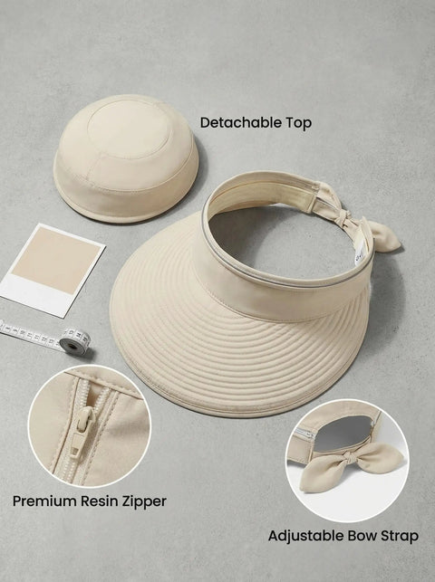 2-In-1 Women's Sun Visor Hat With Wide Brim Or Zip-Off Top showing detachable parts, resin zipper, and bow strap detail.