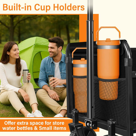 Foldable Wagon Cart With Wheels Lightweight 11 Lb Collapsible Wagon 280 Lb Capacity For Camping Travel Sports Grocery Shopping Black Easy One Pull Fold Up In Seconds with built-in cup holders
