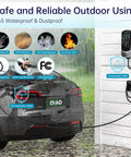 Heavy Duty Level 2 EV Charger J1772 Compatible 48 Amp 11.5 Kilowatt Wall Mount Charging Station with IP65 rating used outdoors in the rain.