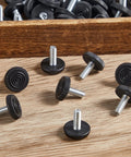 4 Pack 1/4-20 Adjustable Furniture Levelers galvanized steel screw-in leveling feet on wood surface
