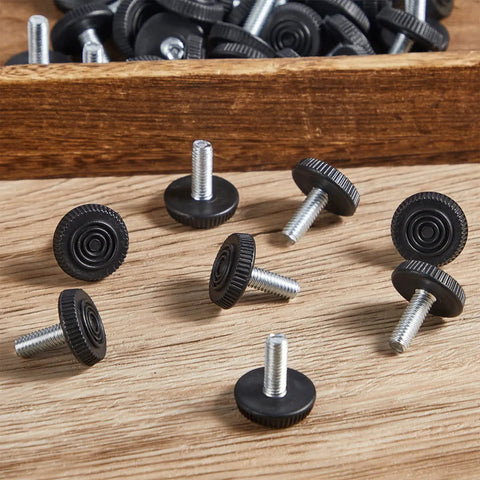 4 Pack 1/4-20 Adjustable Furniture Levelers galvanized steel screw-in leveling feet on wood surface