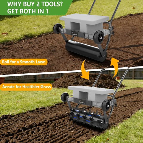 2 In 1 Rolling Lawn Aerator And Roller With Removable Gear Spikes For Easy Switch Heavy Duty Yard Tool in use on lawn