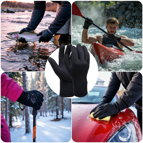 Collage showing 3mm Neoprene Five Finger Waterproof Diving Gloves in action; kayaking, fishing, hiking, car cleaning.