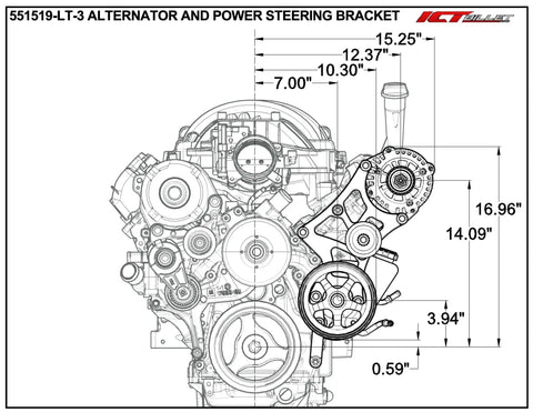 Built Damn Tough Driver Side Alternator And Power Steering Pump Kit For LT Gen 5 Chevy dimensions and bracket layout.