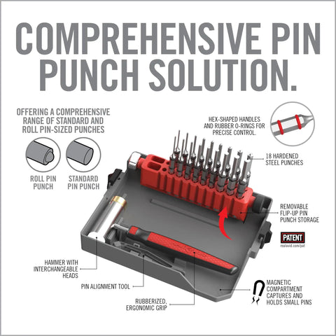 Master Bench Block Pro Kit Non Marring Armorers Block with hammer, four heads, nine standard and roll pin punches in tray