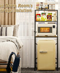 Three Tier Mini Fridge Stand With Heavy Duty Wood And Metal Platforms For Kitchen Dorm Organization, displaying microwave and snacks.