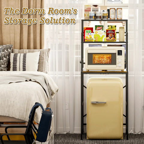 Three Tier Mini Fridge Stand With Heavy Duty Wood And Metal Platforms For Kitchen Dorm Organization, displaying microwave and snacks.